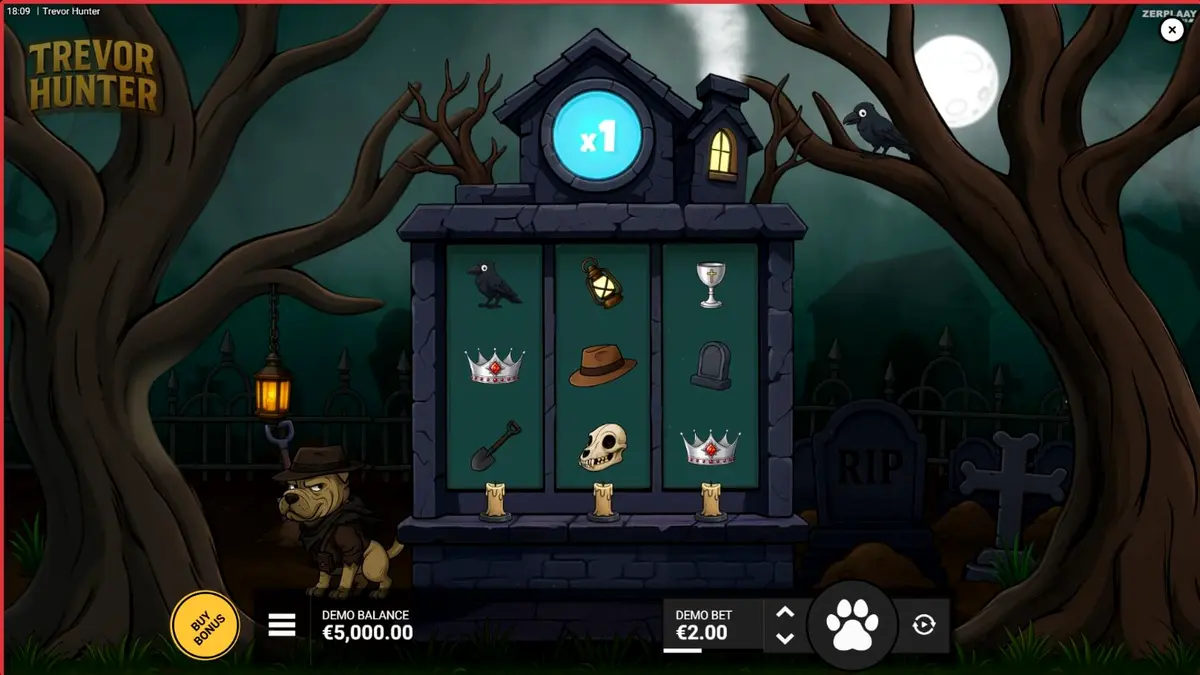 Trevor the Shar Pei exploring a dark, mysterious graveyard in the Trevor Hunter slot.